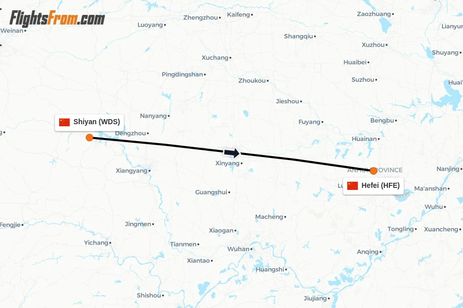 Flights from Shiyan to Hefei route map