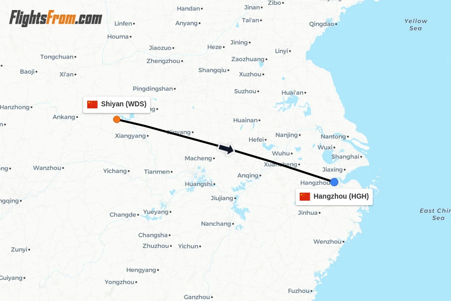 Flights from Shiyan to Hangzhou route map