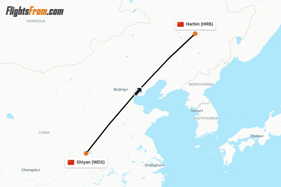Flights from Shiyan to Harbin route map