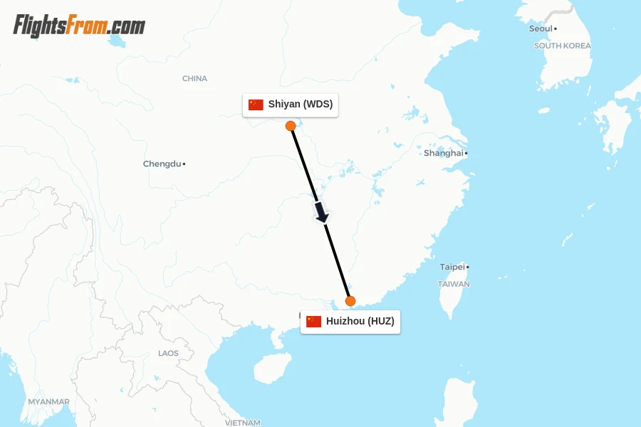 Flights from Shiyan to Huizhou route map