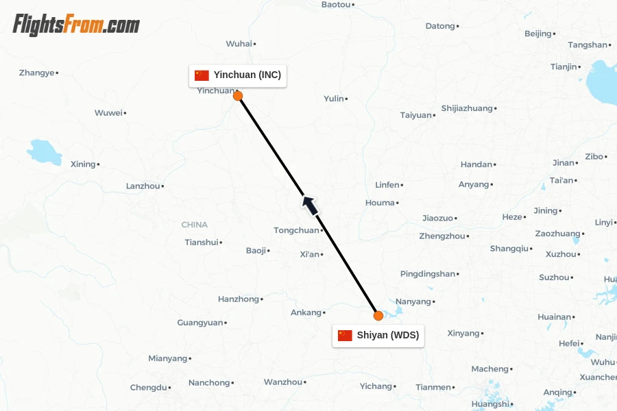 Flights from Shiyan to Yinchuan route map