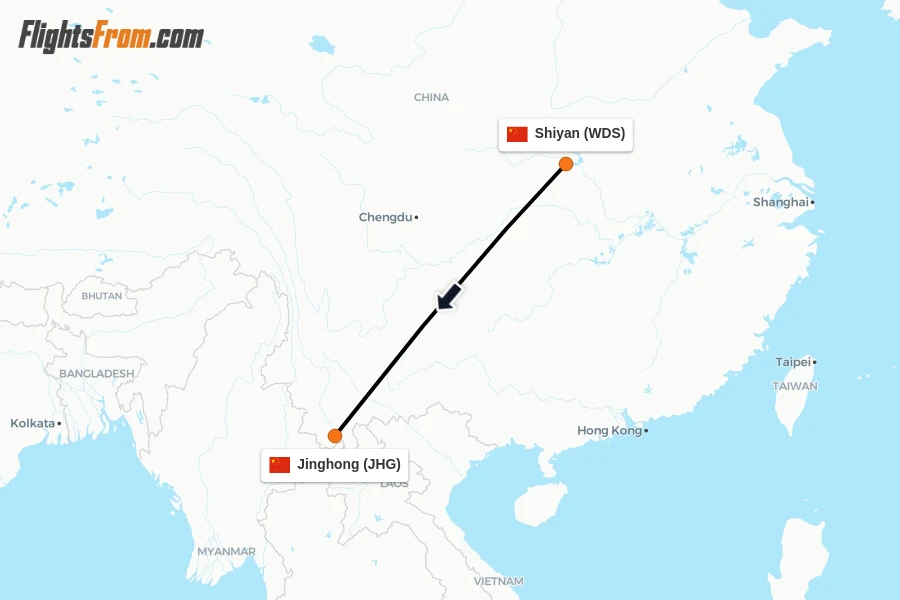 Flights from Shiyan to Jinghong route map