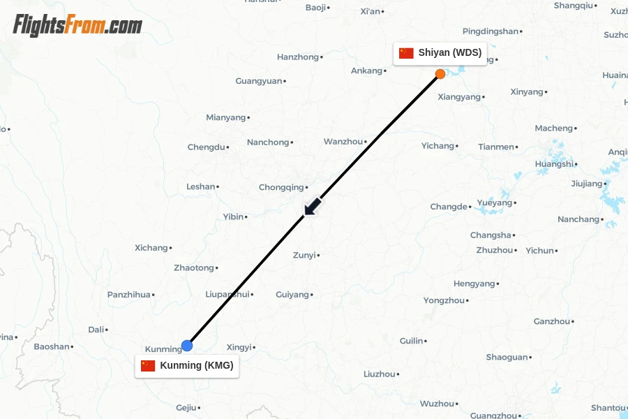 Flights from Shiyan to Kunming route map