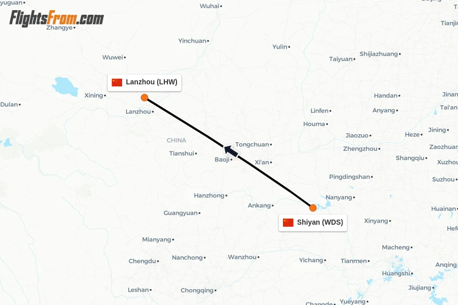 Flights from Shiyan to Lanzhou route map