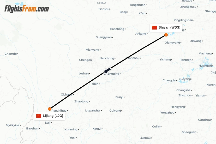 Flights from Shiyan to Lijiang route map