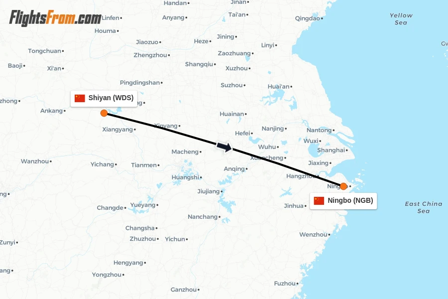 Flights from Shiyan to Ningbo route map