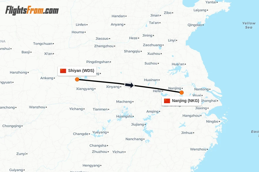 Flights from Shiyan to Nanjing route map