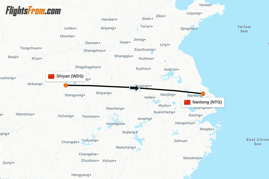 Flights from Shiyan to Nantong route map