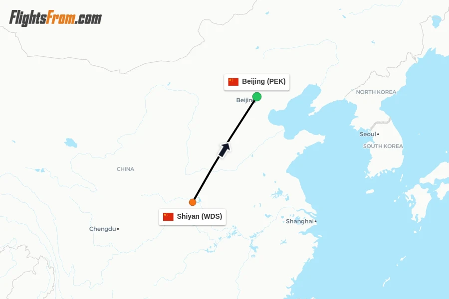 Flights from Shiyan to Beijing route map