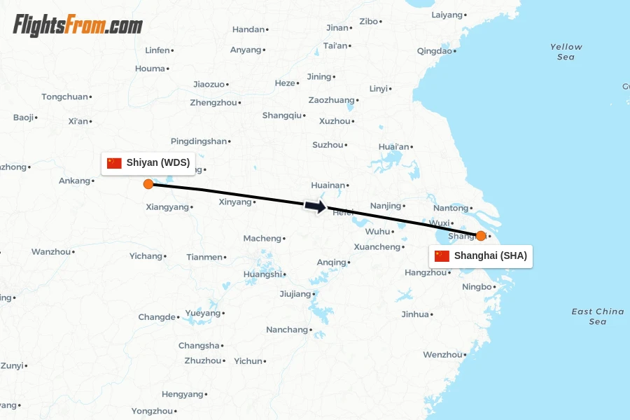 Flights from Shiyan to Shanghai route map