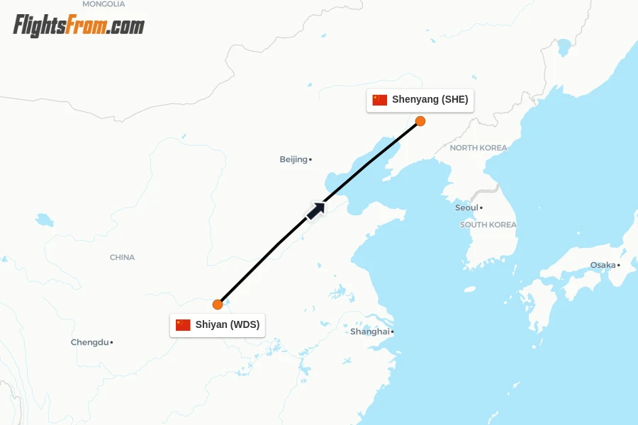 Flights from Shiyan to Shenyang route map