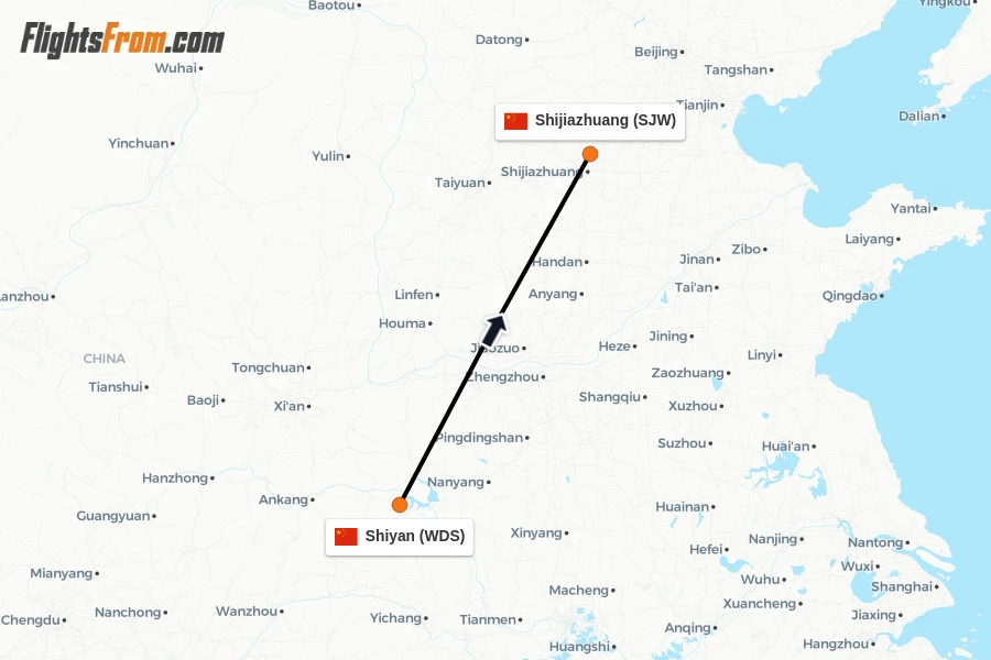 Flights from Shiyan to Shijiazhuang route map