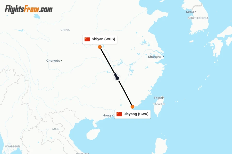 Flights from Shiyan to Jieyang route map