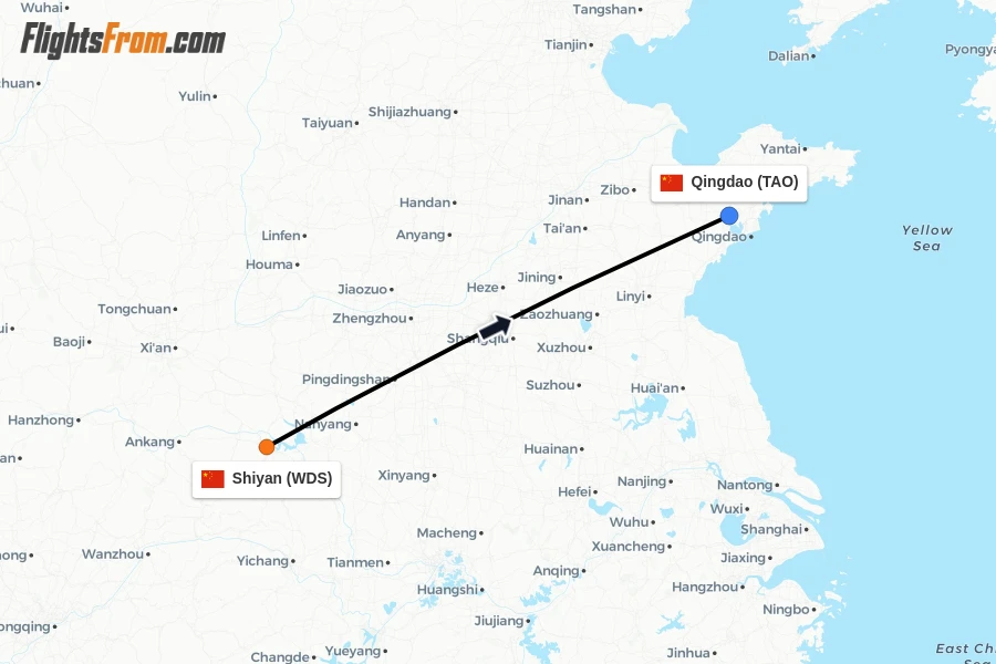 Flights from Shiyan to Qingdao route map