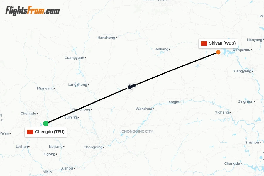 Flights from Shiyan to Chengdu route map