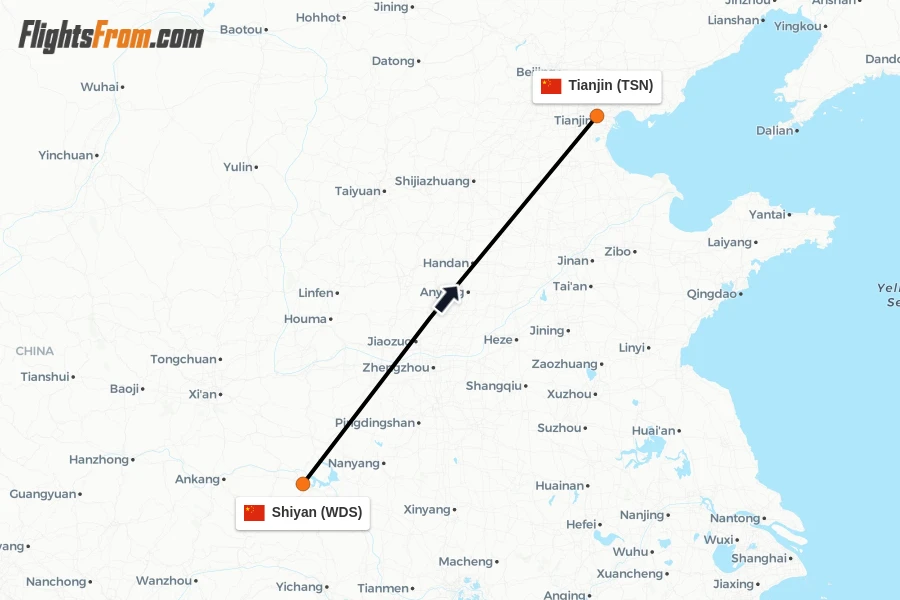 Flights from Shiyan to Tianjin route map