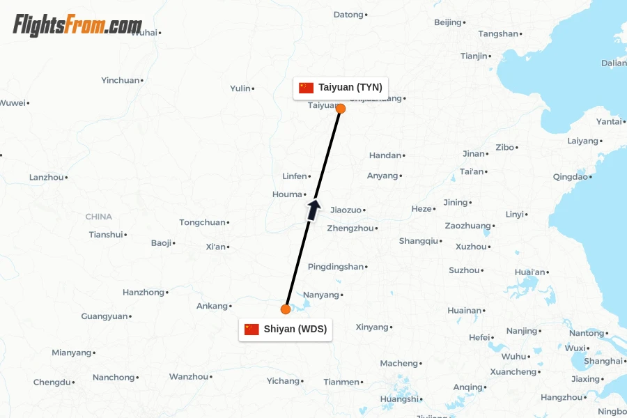 Flights from Shiyan to Taiyuan route map