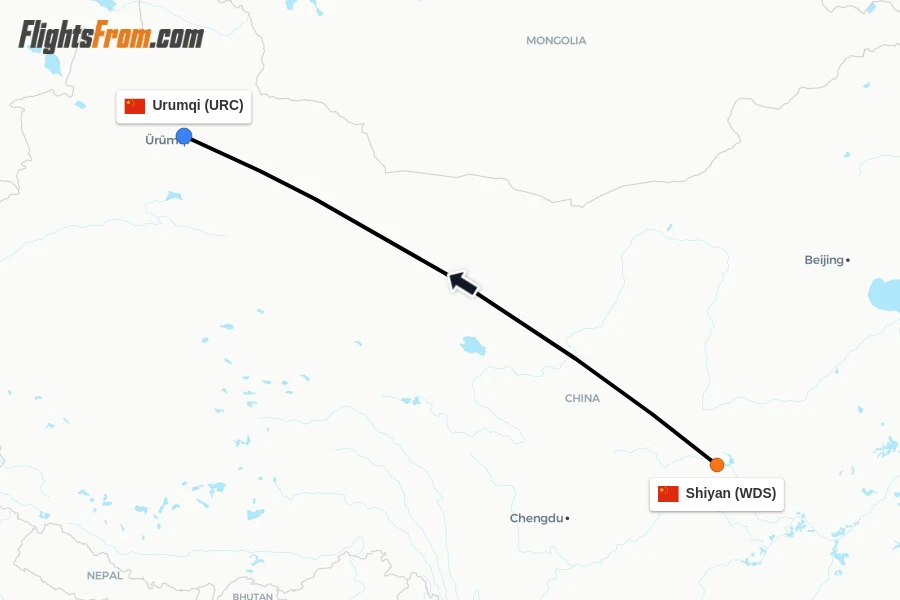 Flights from Shiyan to Urumqi route map