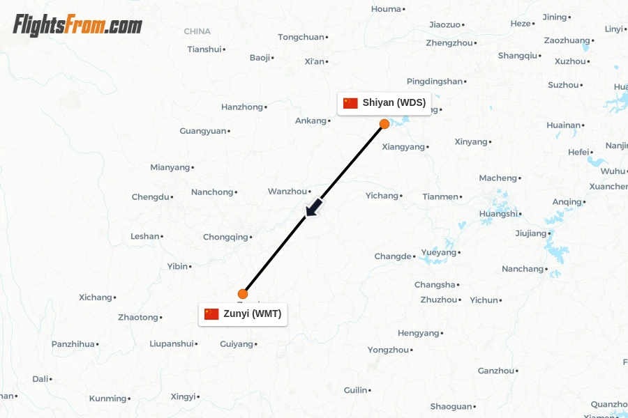 Flights from Shiyan to Zunyi route map