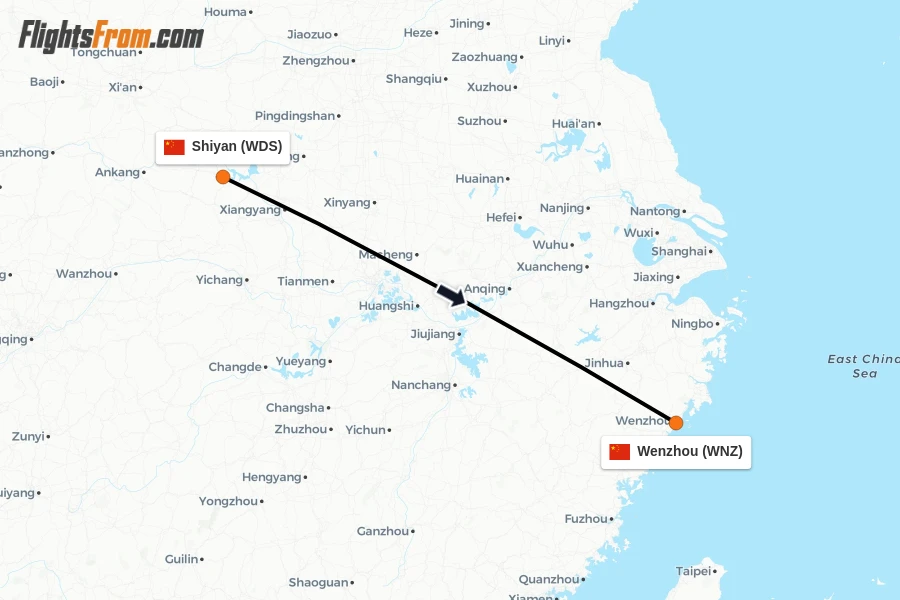 Flights from Shiyan to Wenzhou route map