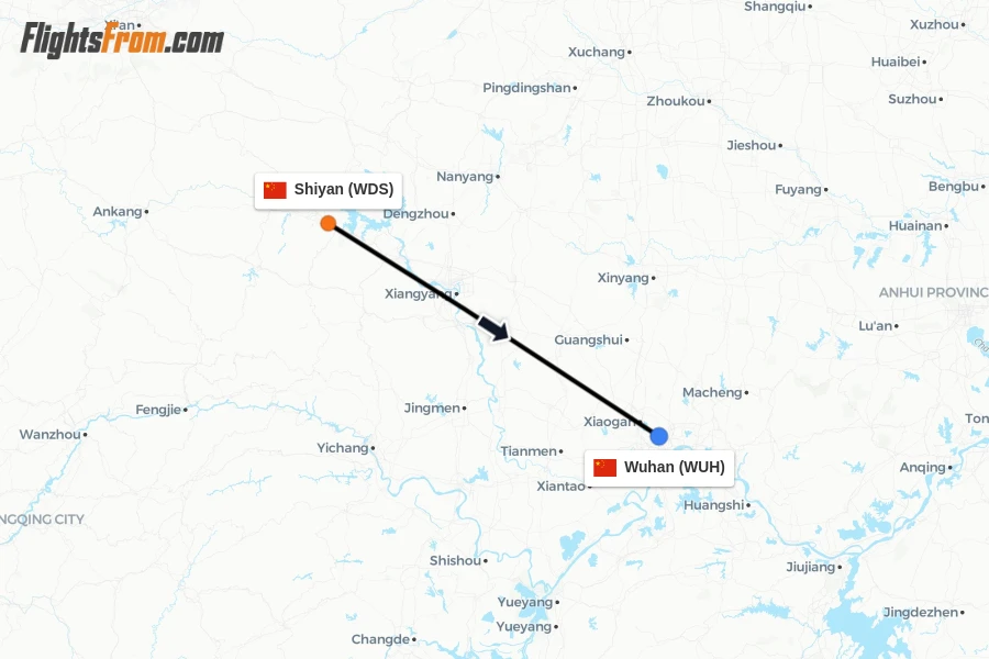 Flights from Shiyan to Wuhan route map