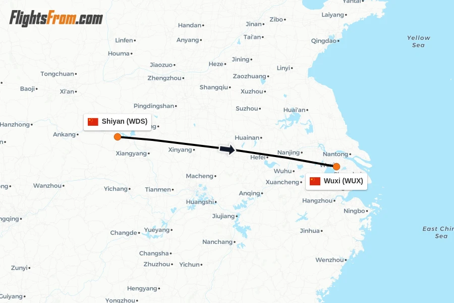 Flights from Shiyan to Wuxi route map