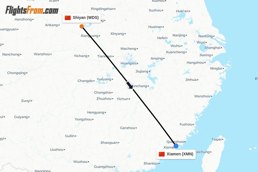 Flights from Shiyan to Xiamen route map