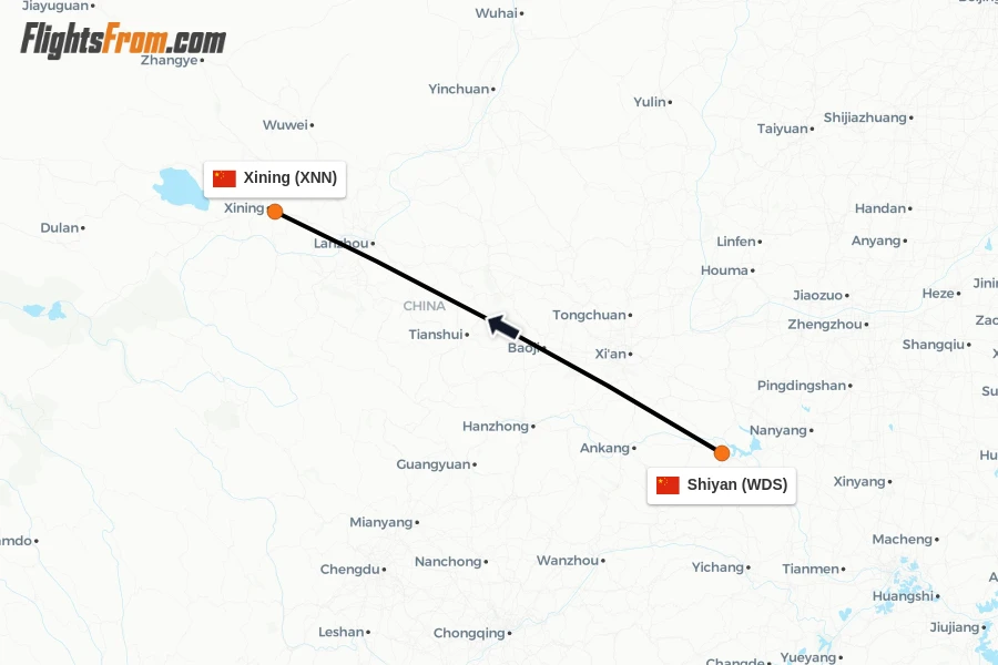 Flights from Shiyan to Xining route map