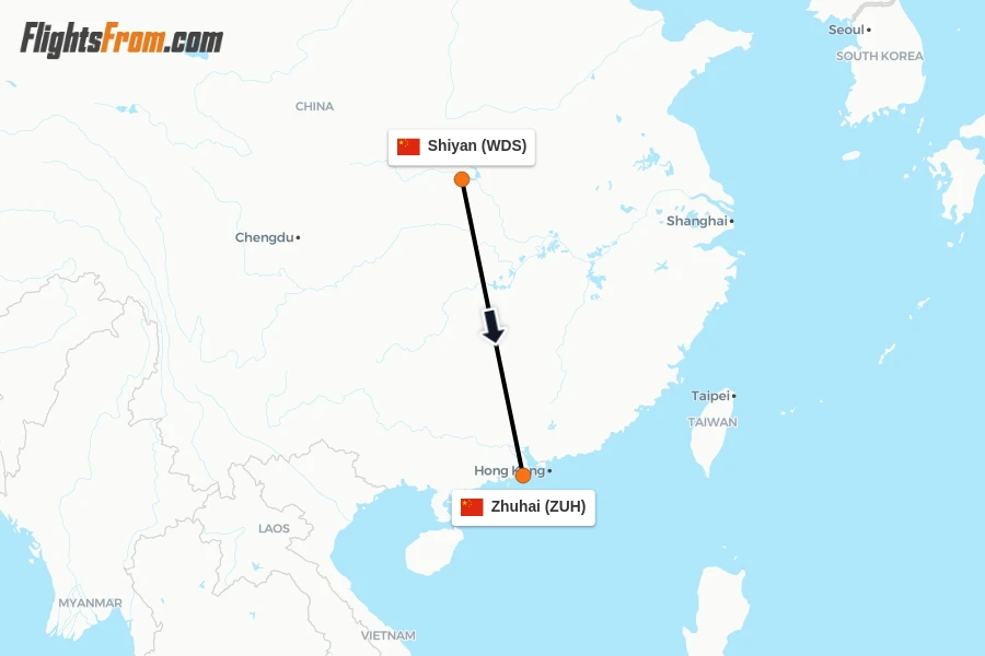 Flights from Shiyan to Zhuhai route map