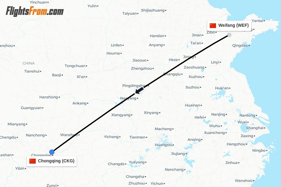 Flights from Weifang to Chongqing route map