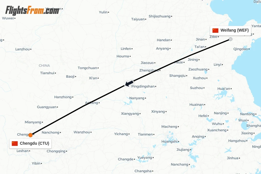 Flights from Weifang to Chengdu route map