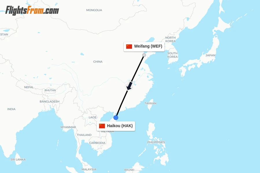 Flights from Weifang to Haikou route map