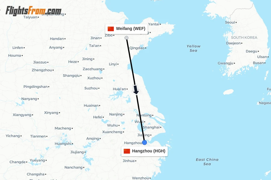 Flights from Weifang to Hangzhou route map