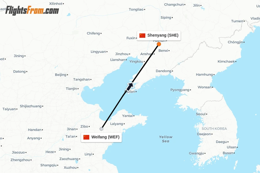 Flights from Weifang to Shenyang route map