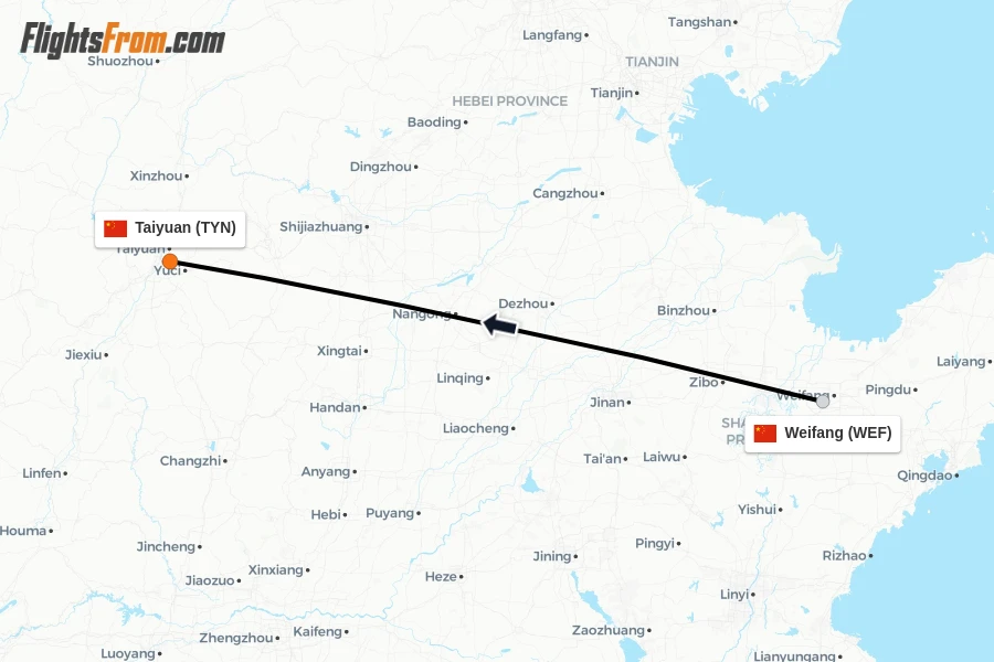 Flights from Weifang to Taiyuan route map