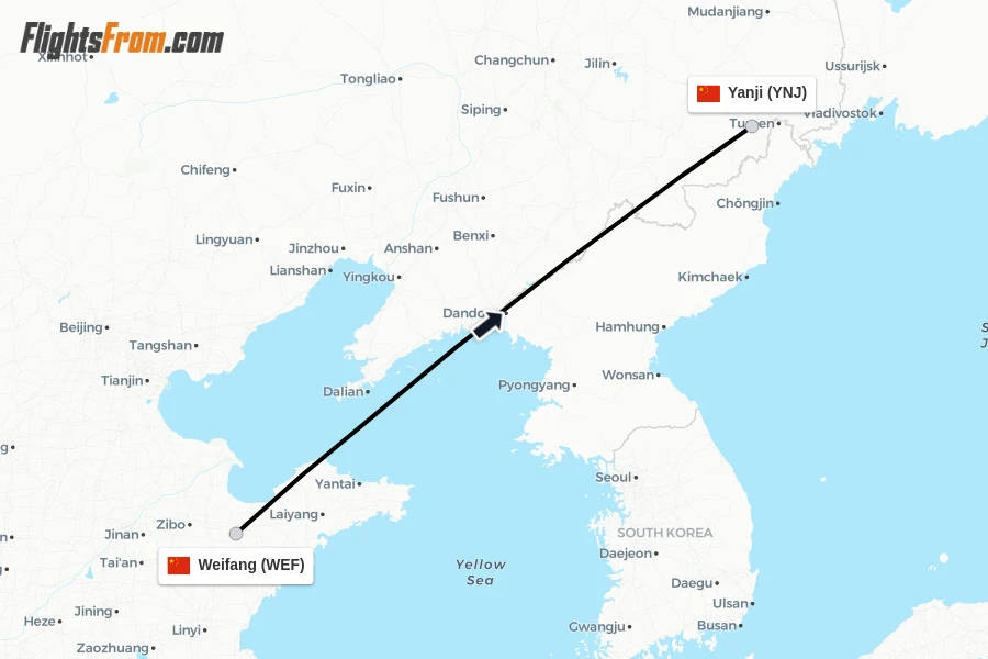Flights from Weifang to Yanji route map
