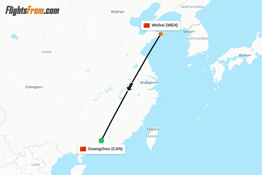 Flights from Weihai to Guangzhou route map