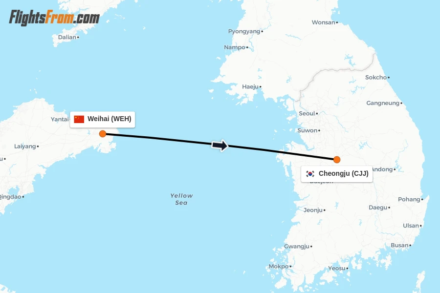 Flights from Weihai to Cheongju route map