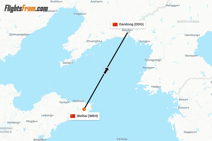 Flights from Weihai to Dandong route map