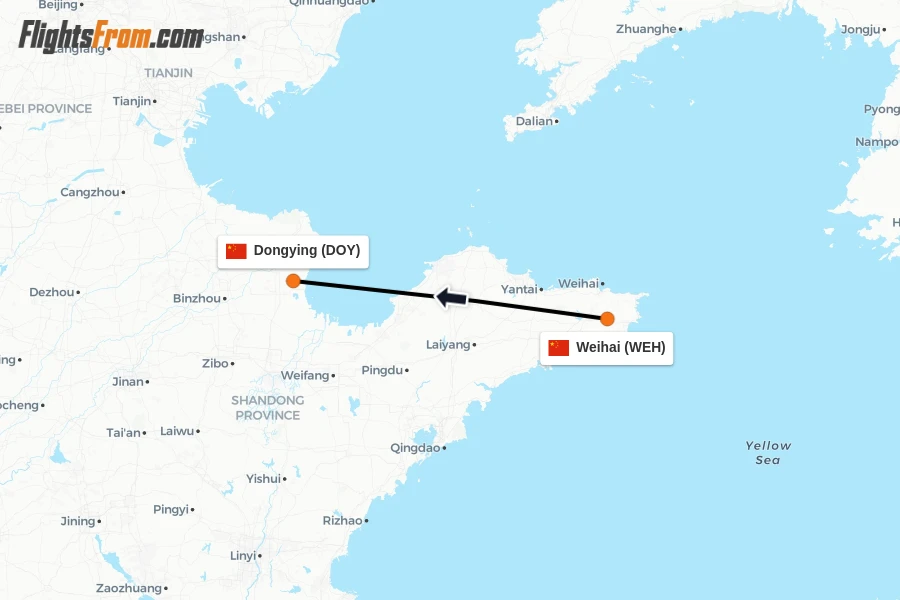 Flights from Weihai to Dongying route map