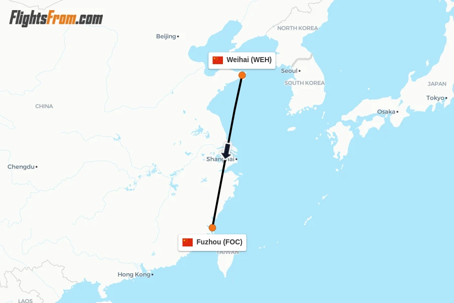 Flights from Weihai to Fuzhou route map