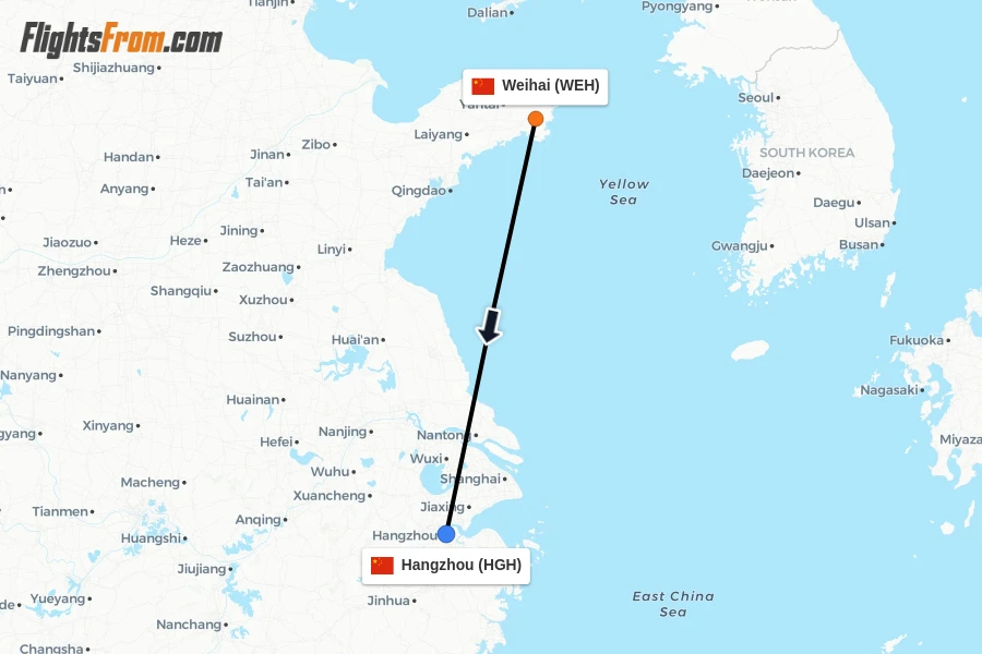 Flights from Weihai to Hangzhou route map