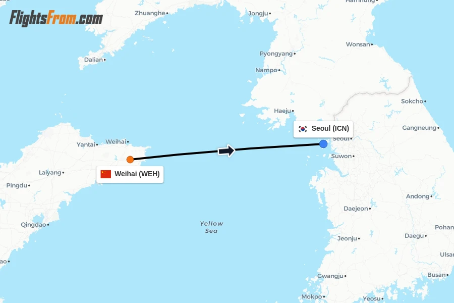 Flights from Weihai to Seoul route map