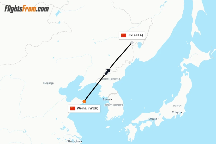 Flights from Weihai to Jixi route map