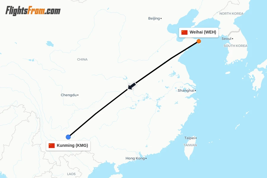 Flights from Weihai to Kunming route map