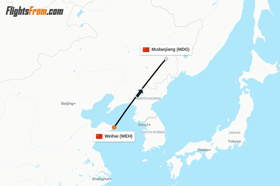 Flights from Weihai to Mudanjiang route map