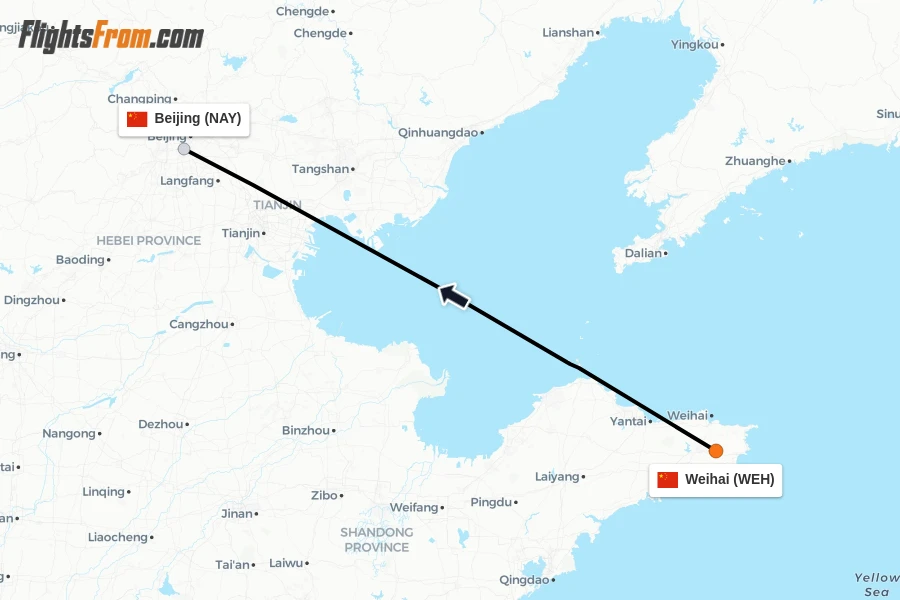 Flights from Weihai to Beijing route map