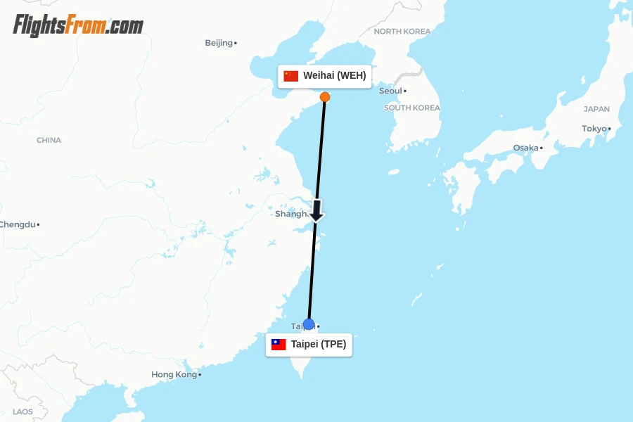 Flights from Weihai to Taipei route map