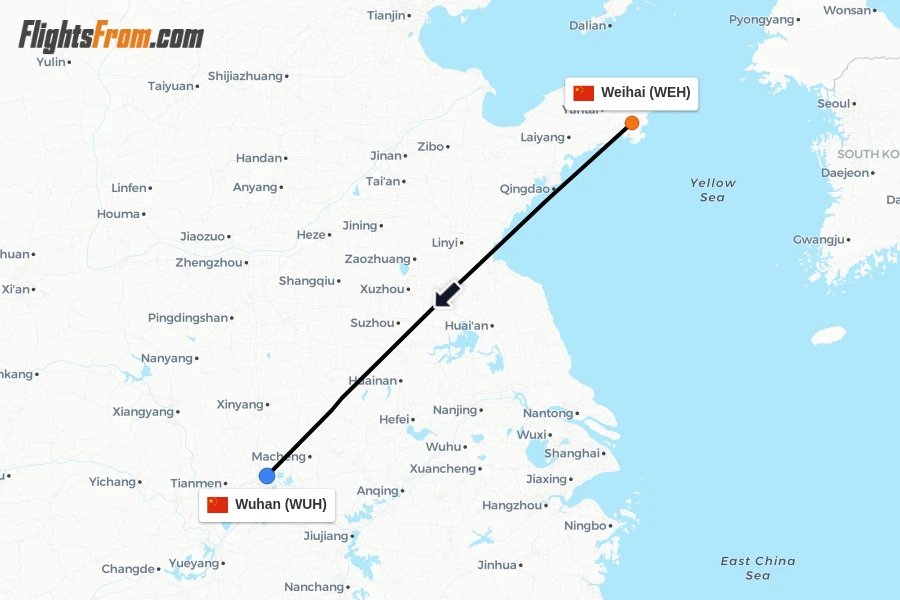 Flights from Weihai to Wuhan route map