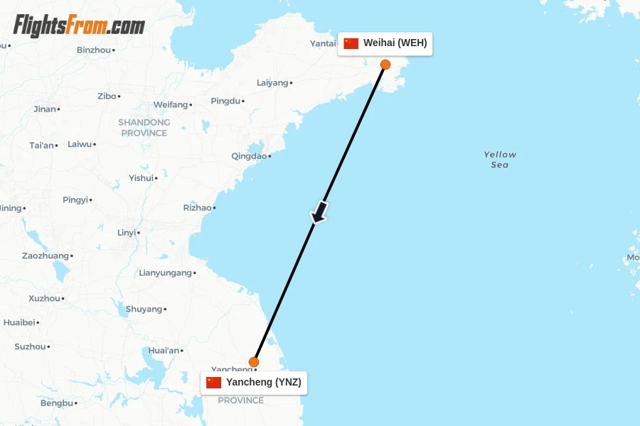 Flights from Weihai to Yancheng route map